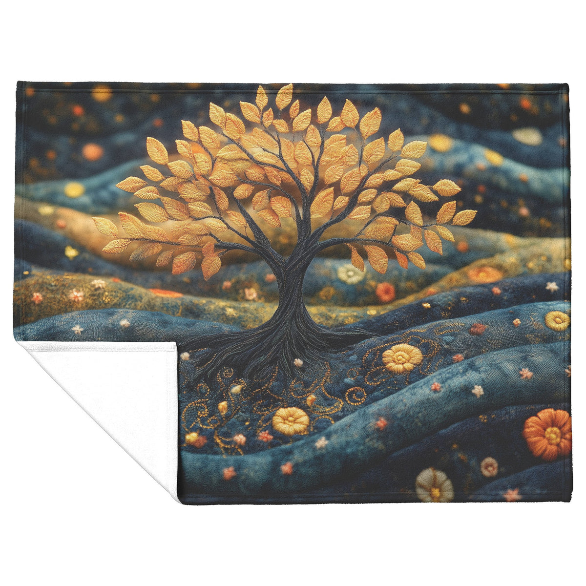 Tree Of Life With Golden Leaves And Embroidered Floral Design Fleece Sherpa Blanket Christian Gift Symbol Of Faith - Awakening Righteousness
