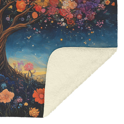 Tree Of Life With Vibrant Flowers And Night Sky Fleece Sherpa Blanket Christian Gift Symbol Of Faith And Beauty - Awakening Righteousness