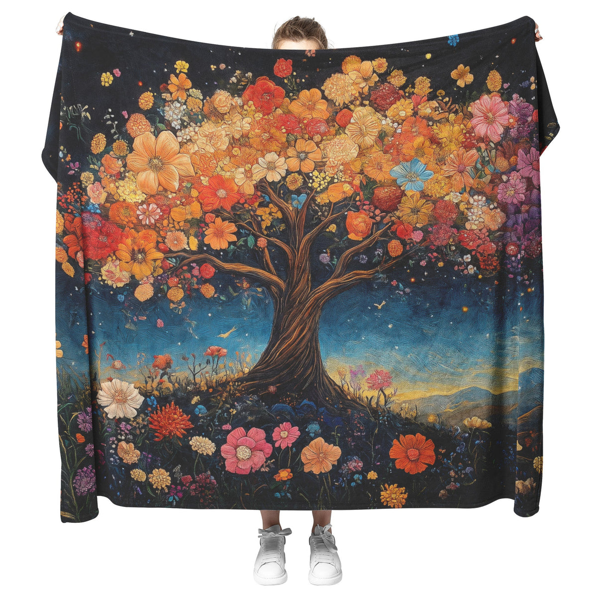 Tree Of Life With Vibrant Flowers And Night Sky Fleece Sherpa Blanket Christian Gift Symbol Of Faith And Beauty - Awakening Righteousness