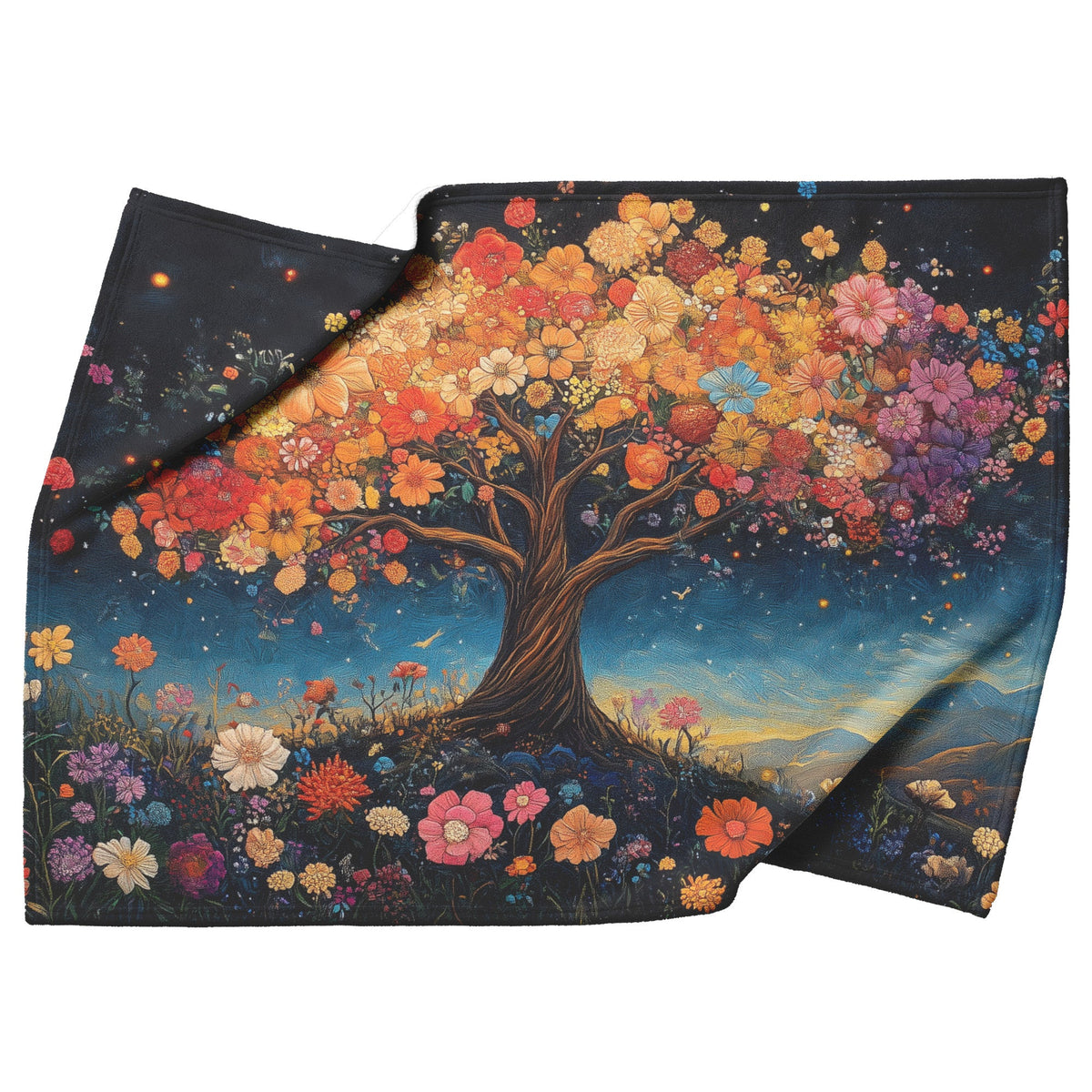 Tree Of Life With Vibrant Flowers And Night Sky Fleece Sherpa Blanket Christian Gift Symbol Of Faith And Beauty - Awakening Righteousness