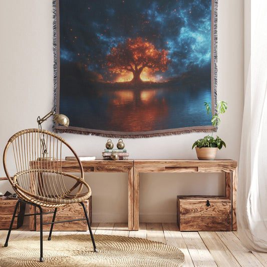 Tree of Life Woven Throw Blanket Vibrant Sunset Reflection Christian Decor Symbol of Faith and Eternal Hope - Awakening Righteousness