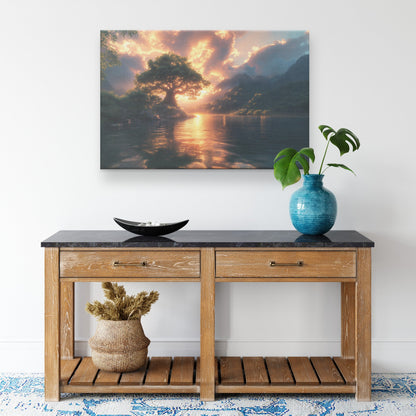 Tree on Island Shore with Lake Sunset Reflections Canvas Wall Art Decor - Awakening Righteousness