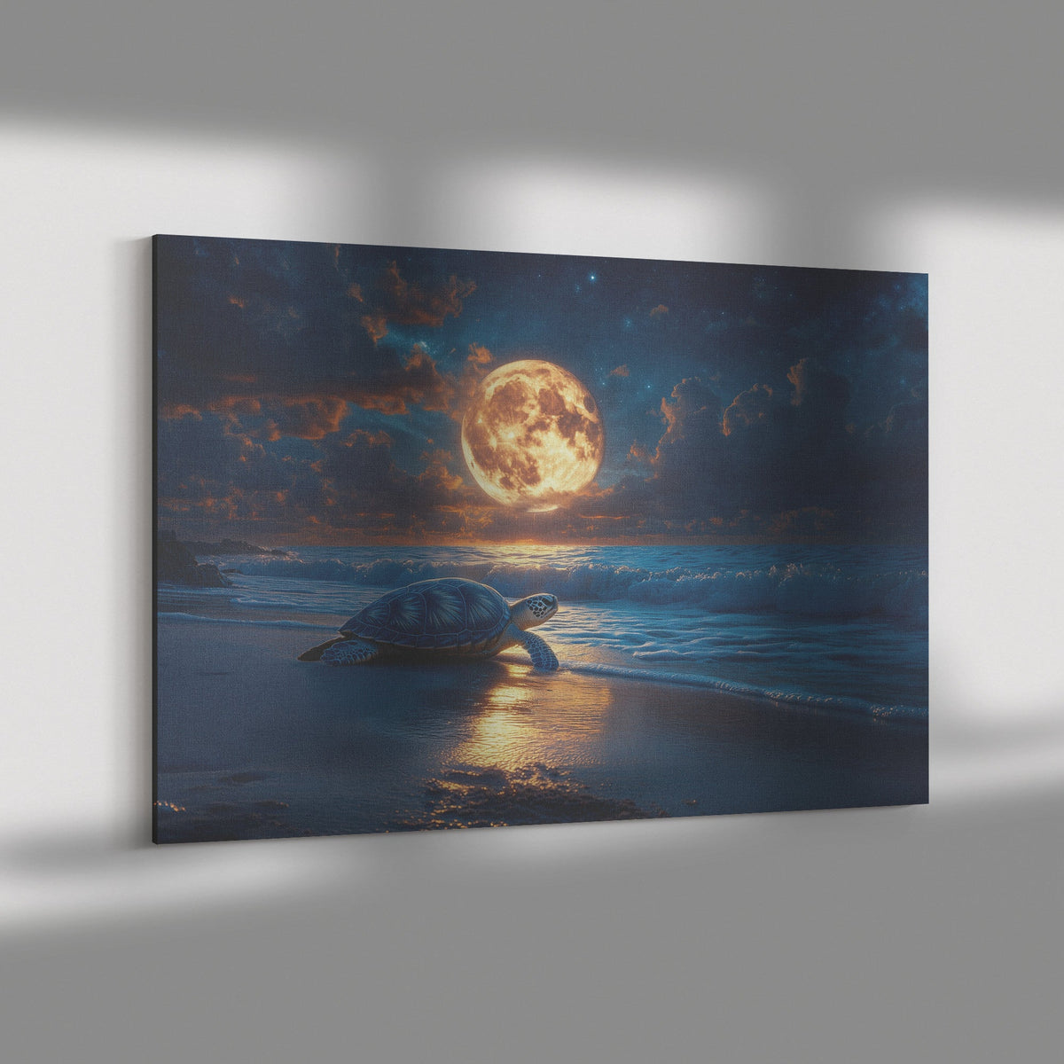 Turtle Resting on Glowing Sandy Beach Under Massive Full Moon with Soft Ocean Waves and Starlight Canvas Wall Art Decor - Awakening Righteousness