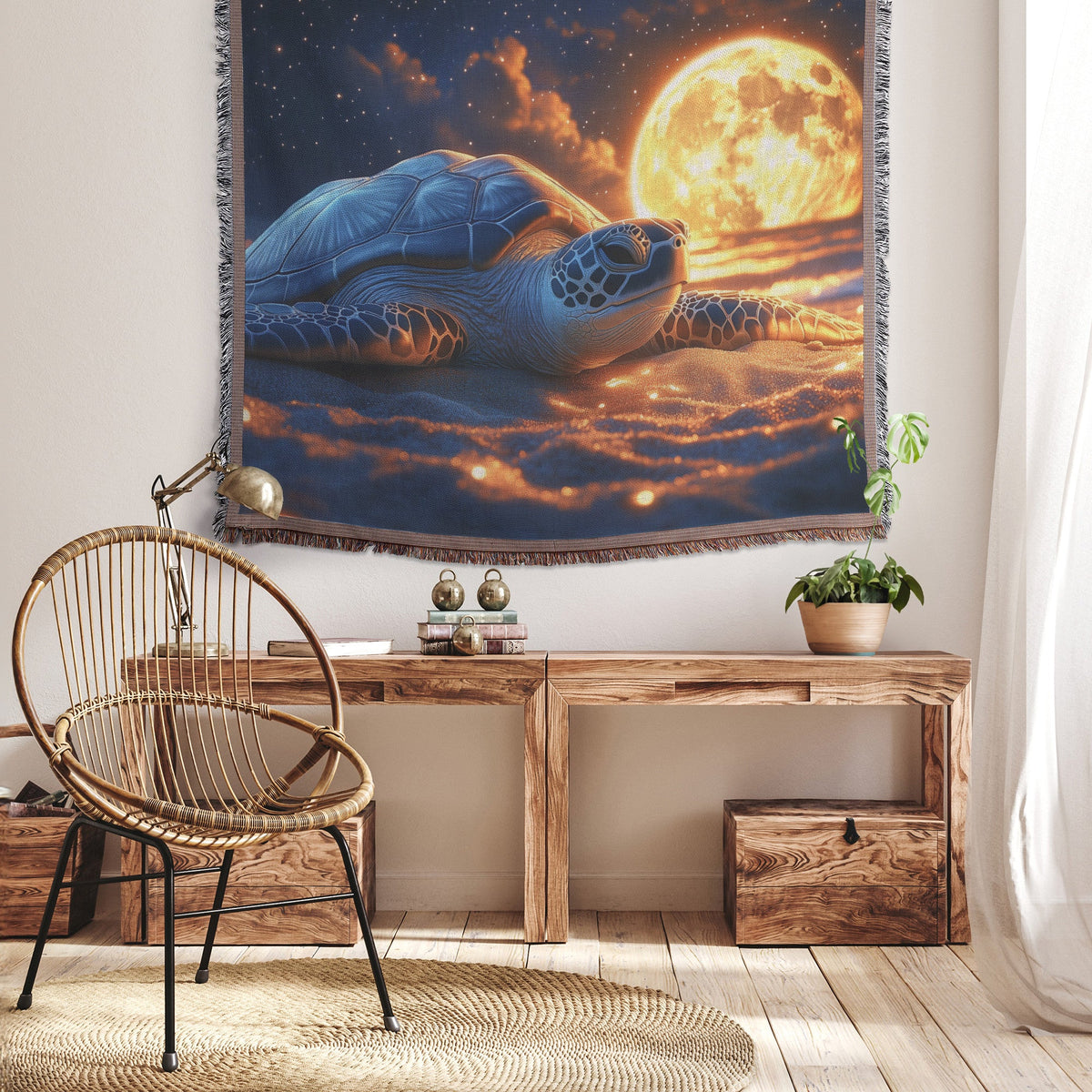 Turtle Resting on Glowing Sandy Beach Woven Throw Blanket Under Full Moon with Ocean Waves and Starlight - Awakening Righteousness