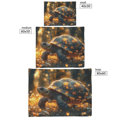 Turtle with Glowing Shell Walking in Magical Forest with Shimmering Plants and Golden Light Fleece Sherpa Blanket - Awakening Righteousness