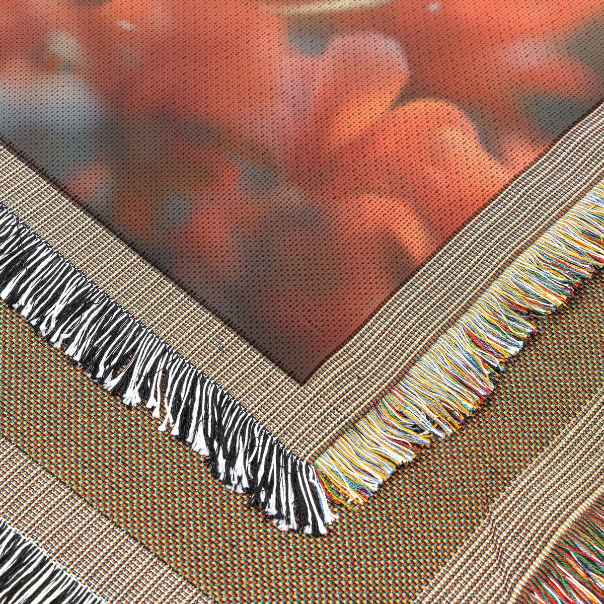 Two Baby Flamingos with Blue Eyes and Sunset Glow Cozy Woven Throw Blanket - Awakening Righteousness