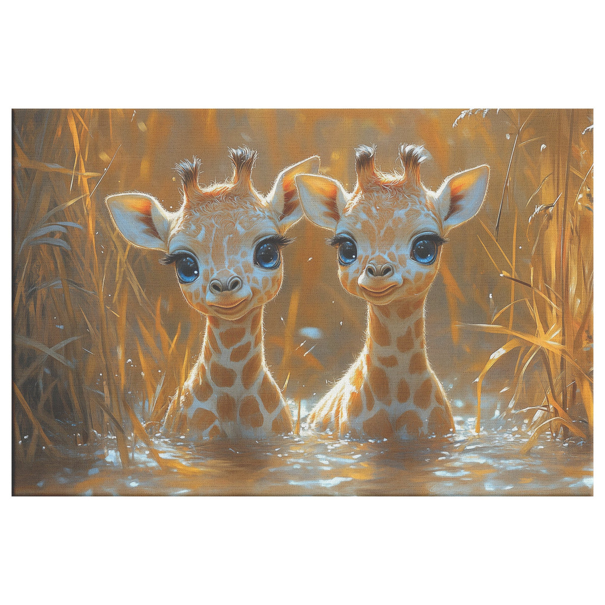 Two Cute Baby Giraffes with Big Eyes Smiling in the Water Between Reeds Canvas Wall Art Decor - Awakening Righteousness