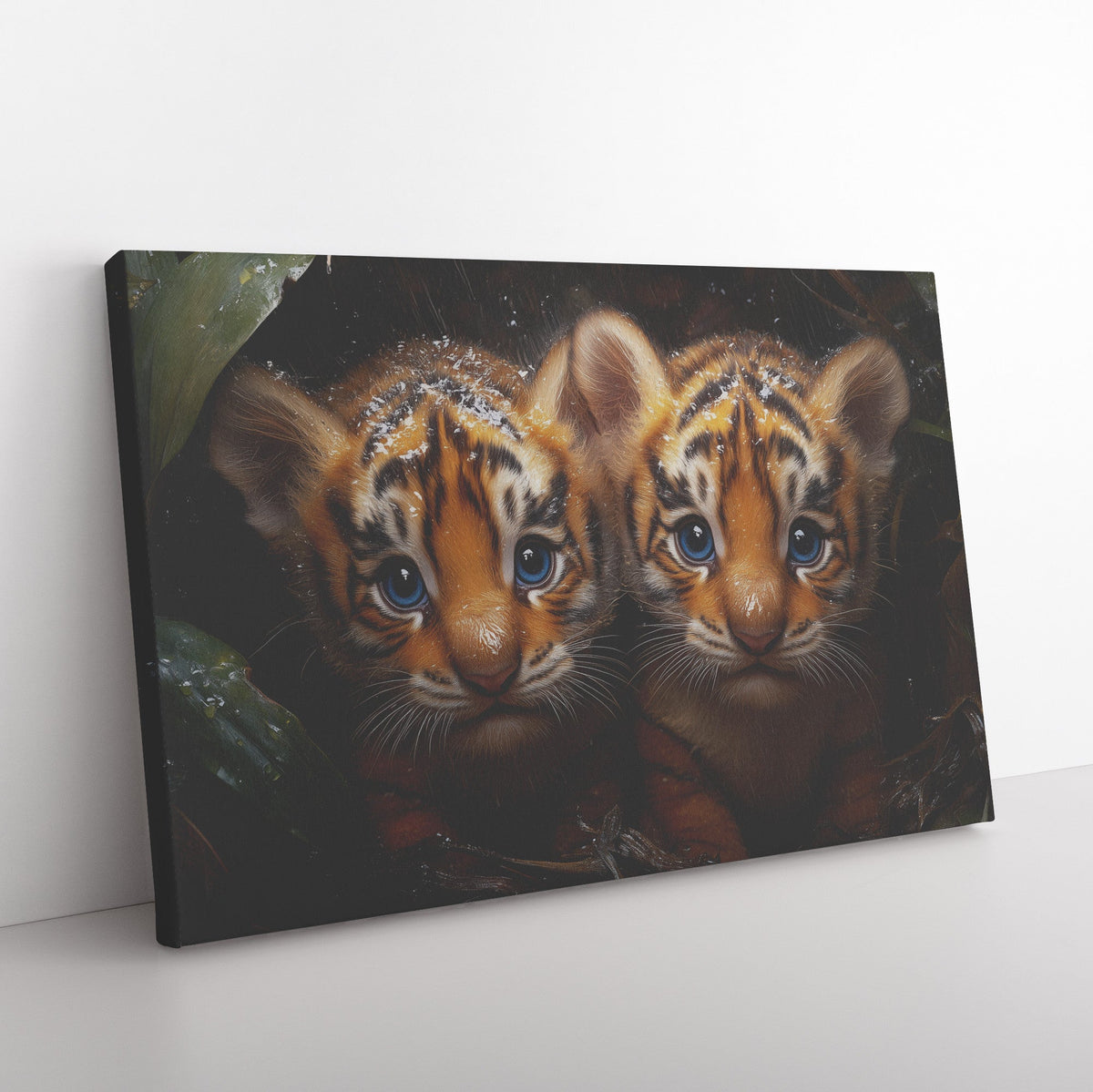 Two Cute Baby Tigers with Blue Eyes and Orange Fur in the Jungle Canvas Wall Art Décor - Awakening Righteousness