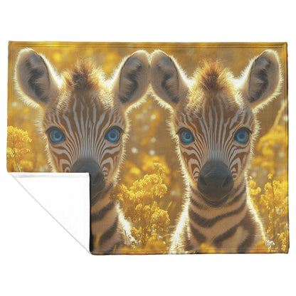 Two Cute Baby Zebras Blue Eyes Golden Field Cozy Fleece Sherpa Blanket Nature Charm - Awakening Righteousness