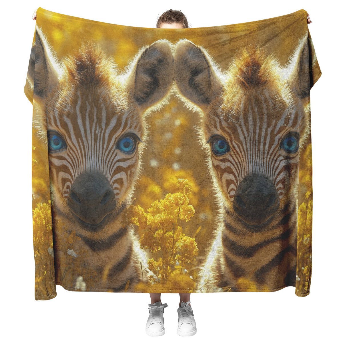 Two Cute Baby Zebras Blue Eyes Golden Field Cozy Fleece Sherpa Blanket Nature Charm - Awakening Righteousness