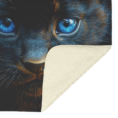 Two Cute Black Panther Cubs with Blue Eyes Against Dramatic Dark Background Cozy Fleece Sherpa Blanket - Awakening Righteousness