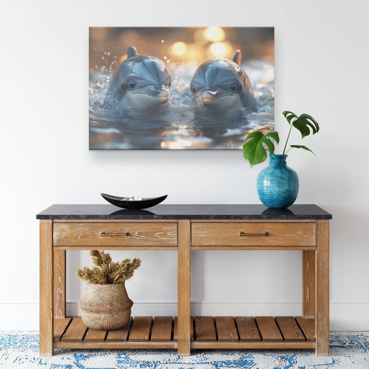 Two Cute Dolphins with Big Eyes Swimming in Water Canvas Wall Art Décor - Awakening Righteousness