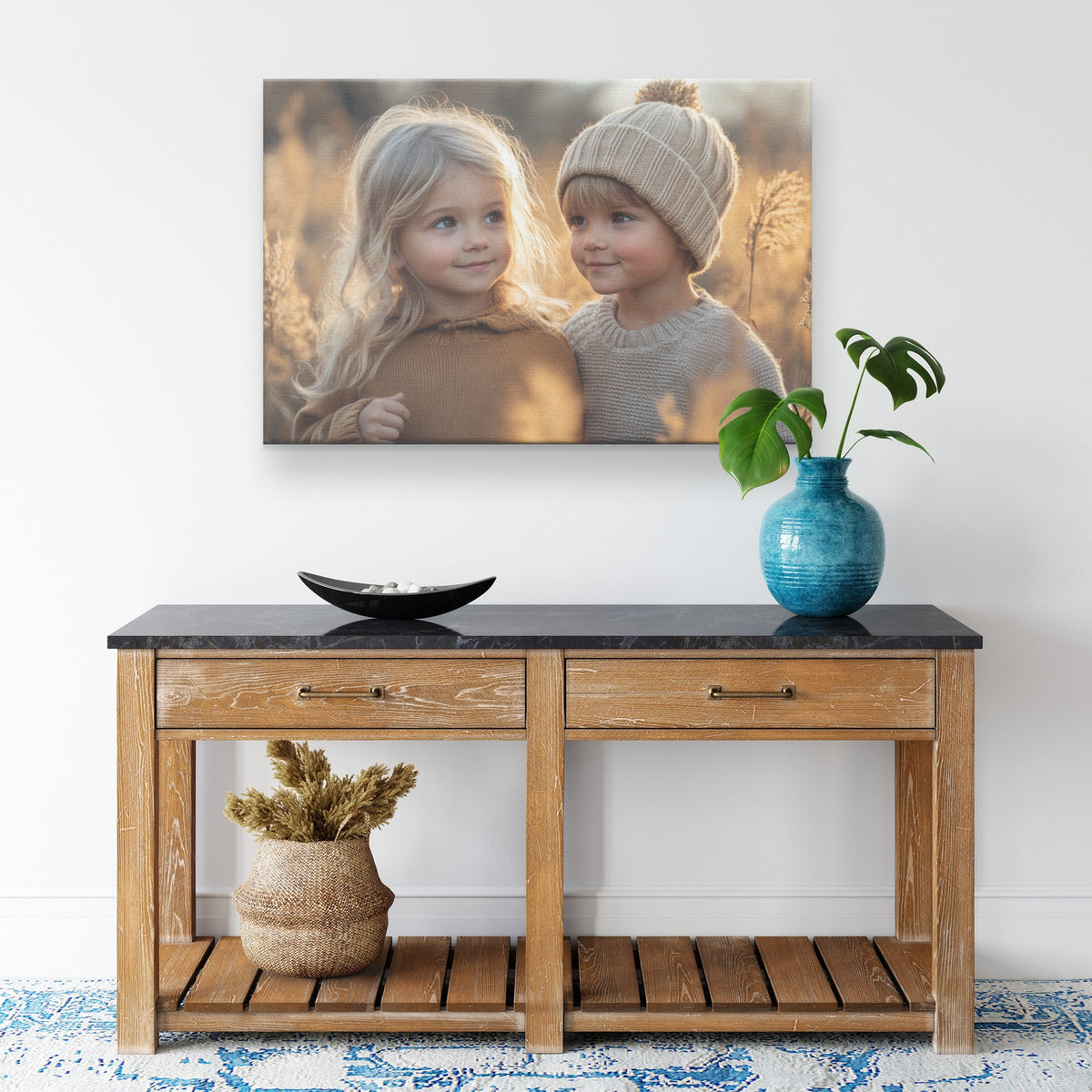Two Cute Little Children with Blonde Hair in Beige Sweaters Posing in a Field of Reeds at Sunset Canvas Wall Art Decor - Awakening Righteousness