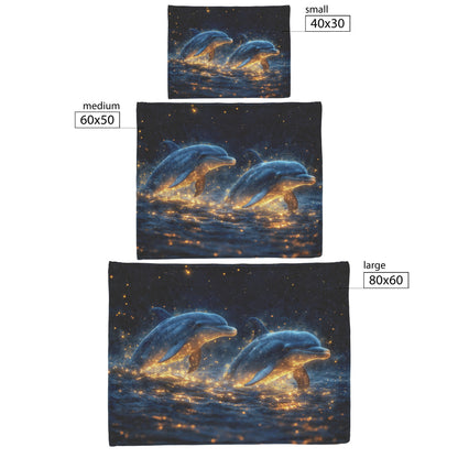 Two Dolphins Glowing Softly Swimming Through Bioluminescent Waters Star-Filled Sky Peaceful Surreal Fleece Sherpa Blanket - Awakening Righteousness