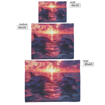 Two Dolphins Playing Under Glowing Pink Purple Twilight Sky Silhouettes Reflecting on Calm Water Fleece Sherpa Blanket - Awakening Righteousness