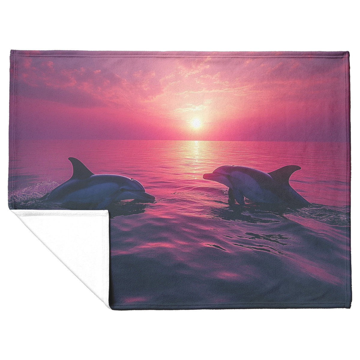 Two Dolphins Playing Under Glowing Pink Purple Twilight Sky Silhouettes Reflecting on Calm Water Fleece Sherpa Blanket - Awakening Righteousness