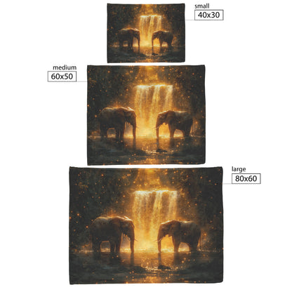 Two Elephants Near Glowing Waterfall Moss Covered Rocks Shimmering Golden Light Peaceful Magical Fleece Sherpa Blanket - Awakening Righteousness