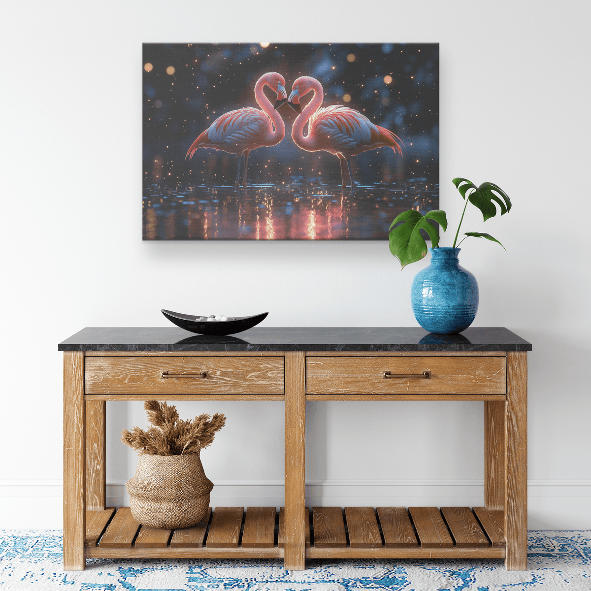 Two Flamingos Forming Heart Shape In Bioluminescent Lagoon Under Vibrant Starry Sky Canvas Wall Art Decor - Awakening Righteousness