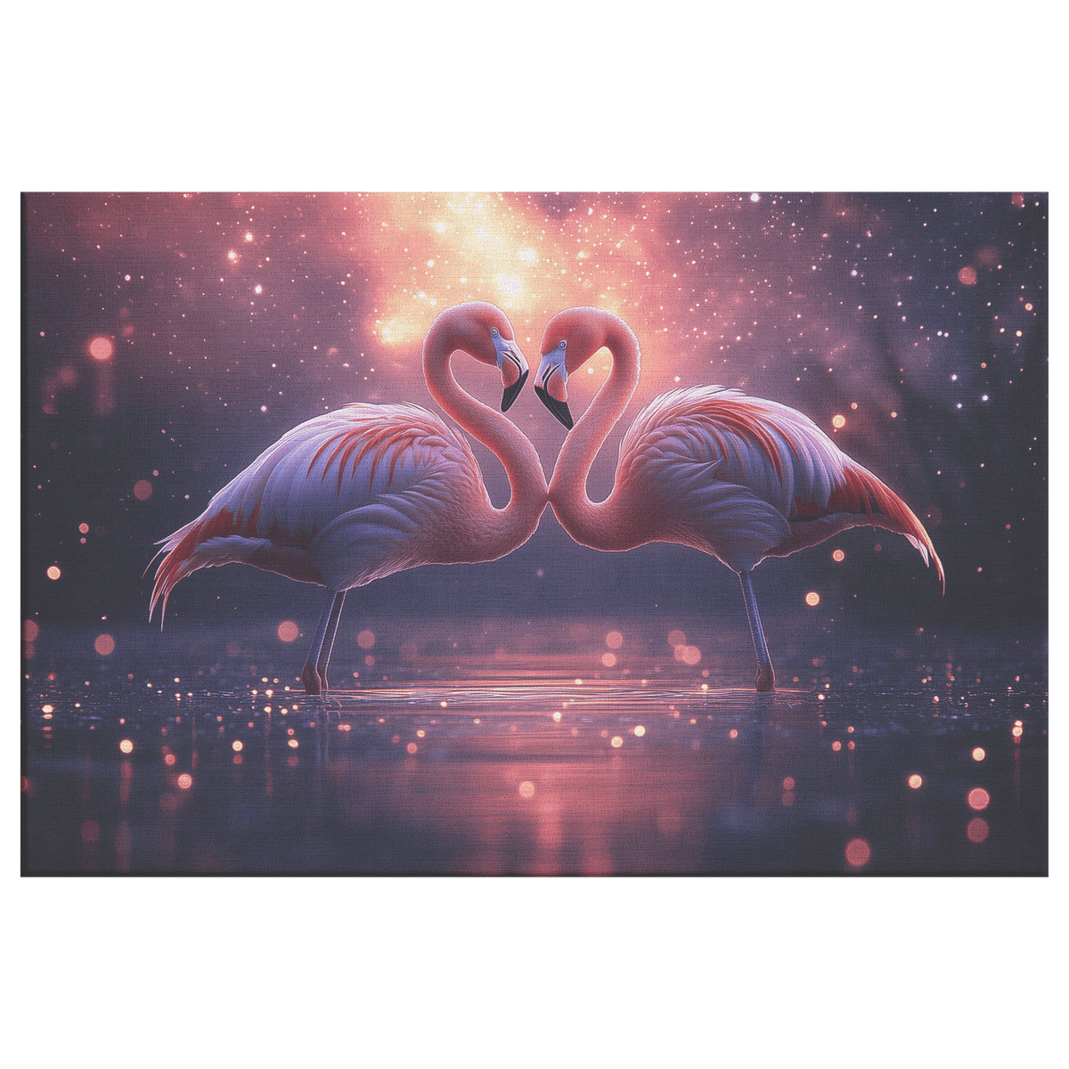 Two Flamingos Forming Heart Shape In Bioluminescent Lagoon Under Vibrant Starry Sky Canvas Wall Art Decor - Awakening Righteousness