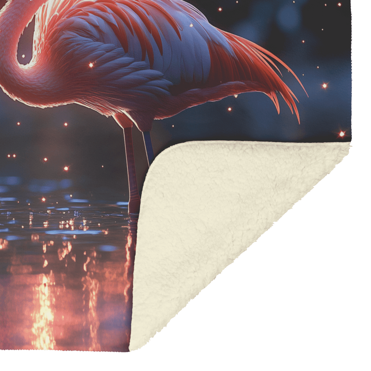 Two Flamingos Forming Heart Shape in Bioluminescent Lagoon Under Vibrant Starry Sky Fleece Sherpa Blanket - Awakening Righteousness