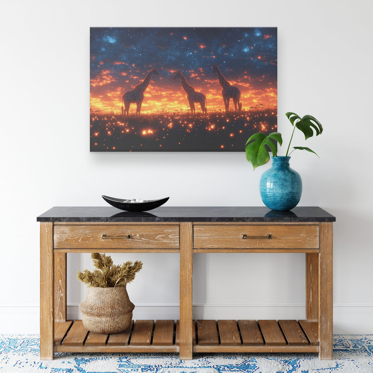 Two Giraffes Under Twilight Sky With Stars and Glowing Grasslands Canvas Wall Art for Wildlife Decor - Awakening Righteousness