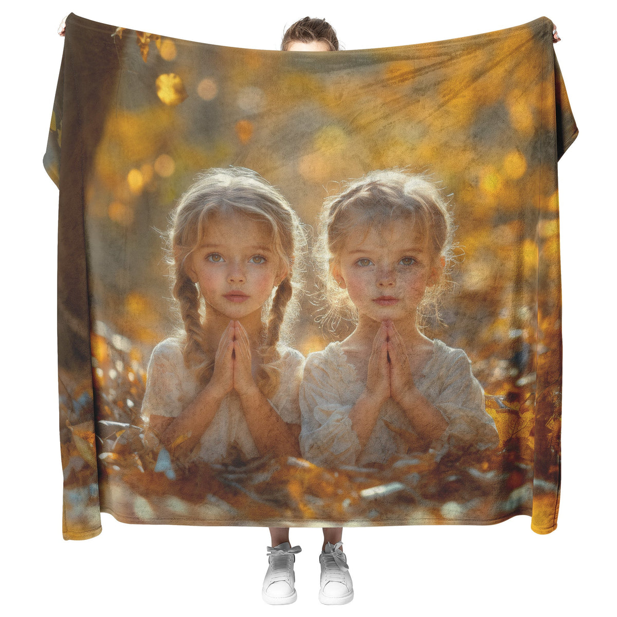 Two Girls Praying Amid Autumn Leaves Fleece Sherpa Blanket Christian Gift Symbol Of Faith And Innocence - Awakening Righteousness