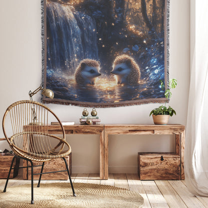 Two Hedgehogs Playing by Glowing Waterfall with Shimmering Blue Plants Magical Forest Woven Throw Blanket - Awakening Righteousness