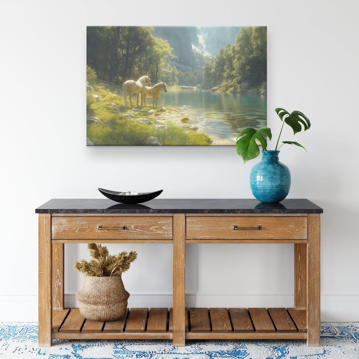 Two Horses Canvas Wall Art Decor by Crystal Clear River in Lush Forest with Light Reflecting Off Water - Awakening Righteousness