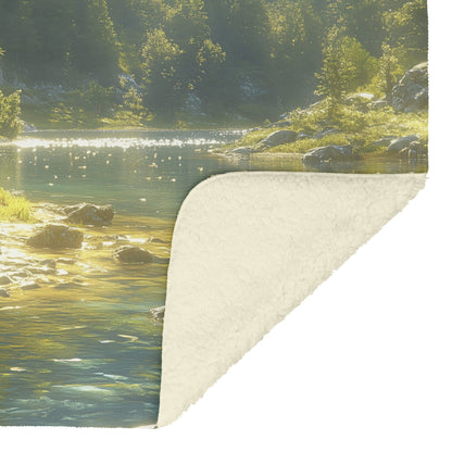 Two Horses Standing by Crystal Clear River Surrounded by Lush Forest Fleece Sherpa Blanket - Awakening Righteousness