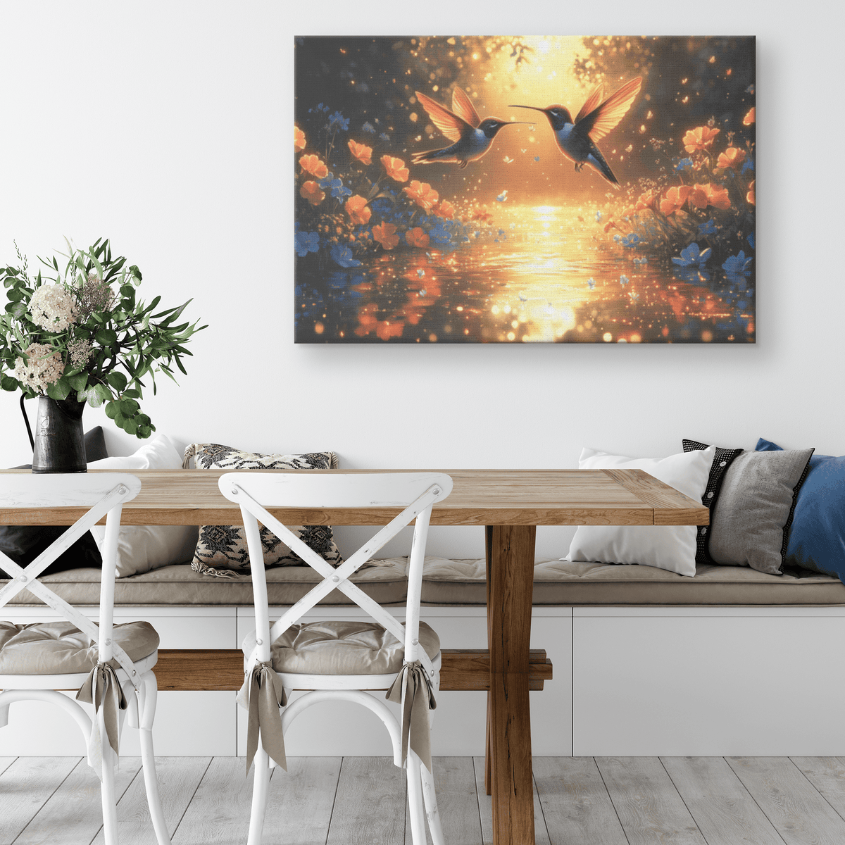 Two Hummingbirds Flying Above Glowing Pond With Shimmering Wildflowers And Twilight Reflections Canvas Wall Art Decor - Awakening Righteousness