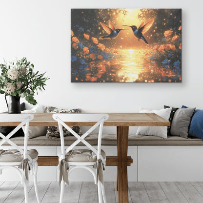 Two Hummingbirds Flying Above Glowing Pond With Shimmering Wildflowers And Twilight Reflections Canvas Wall Art Decor - Awakening Righteousness