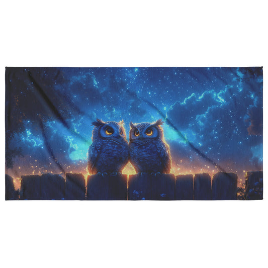 Two Owls Sitting on Glowing Wooden Fence Under Twilight Sky Filled with Stars Peaceful Serene Setting Beach Towel - Awakening Righteousness