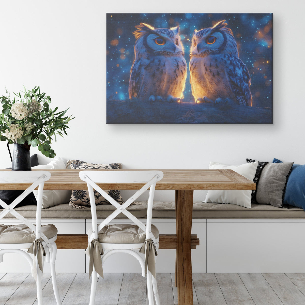 Two Owls Sitting on Glowing Wooden Fence Under Twilight Starry Sky Peaceful Serene Canvas Wall Art Decor - Awakening Righteousness