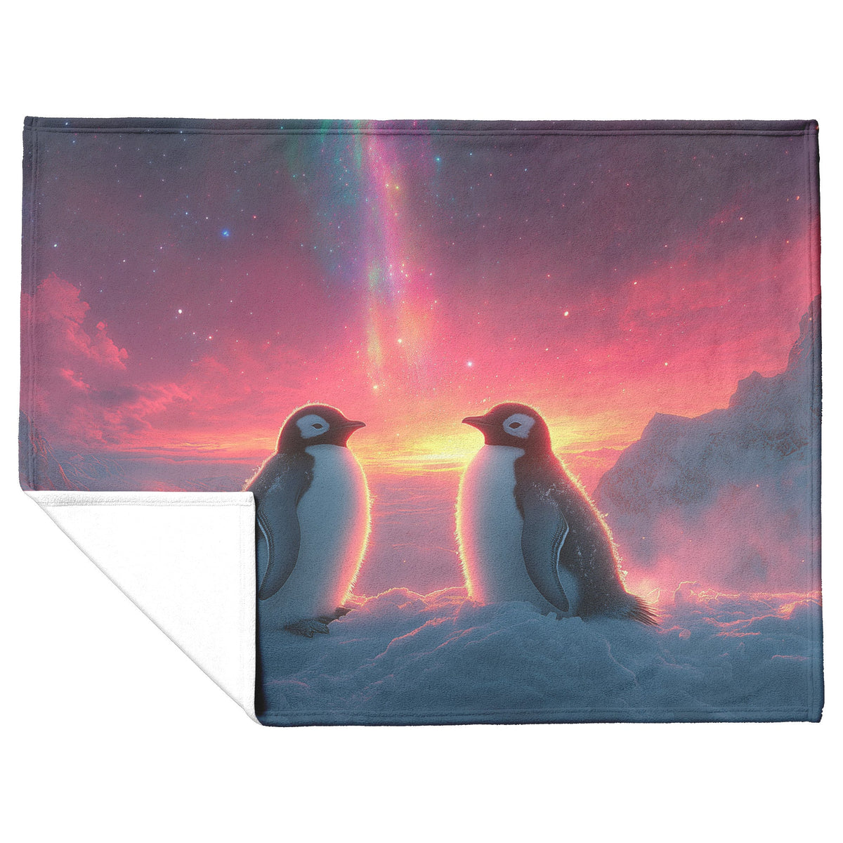 Two Penguins Huddling Together Under Glowing Aurora Sky Vibrant Colors Fleece Sherpa Blanket - Awakening Righteousness