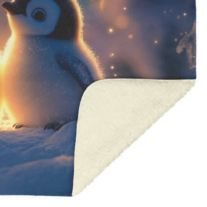 Two Penguins Huddling Together Under Glowing Aurora Sky Vibrant Colors Fleece Sherpa Blanket - Awakening Righteousness