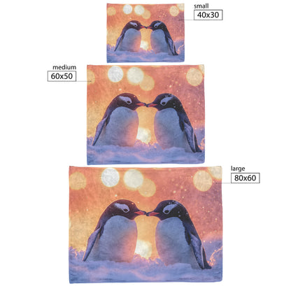Two Penguins Huddling Together Under Glowing Aurora Sky with Intricate Snow Details and Vibrant Colors Blanket - Awakening Righteousness
