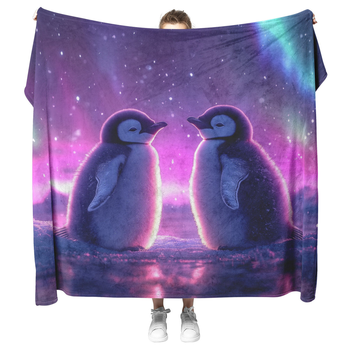 Two Penguins Huddling Together Under Glowing Aurora Sky with Intricate Snow Details and Vibrant Colors Blanket - Awakening Righteousness