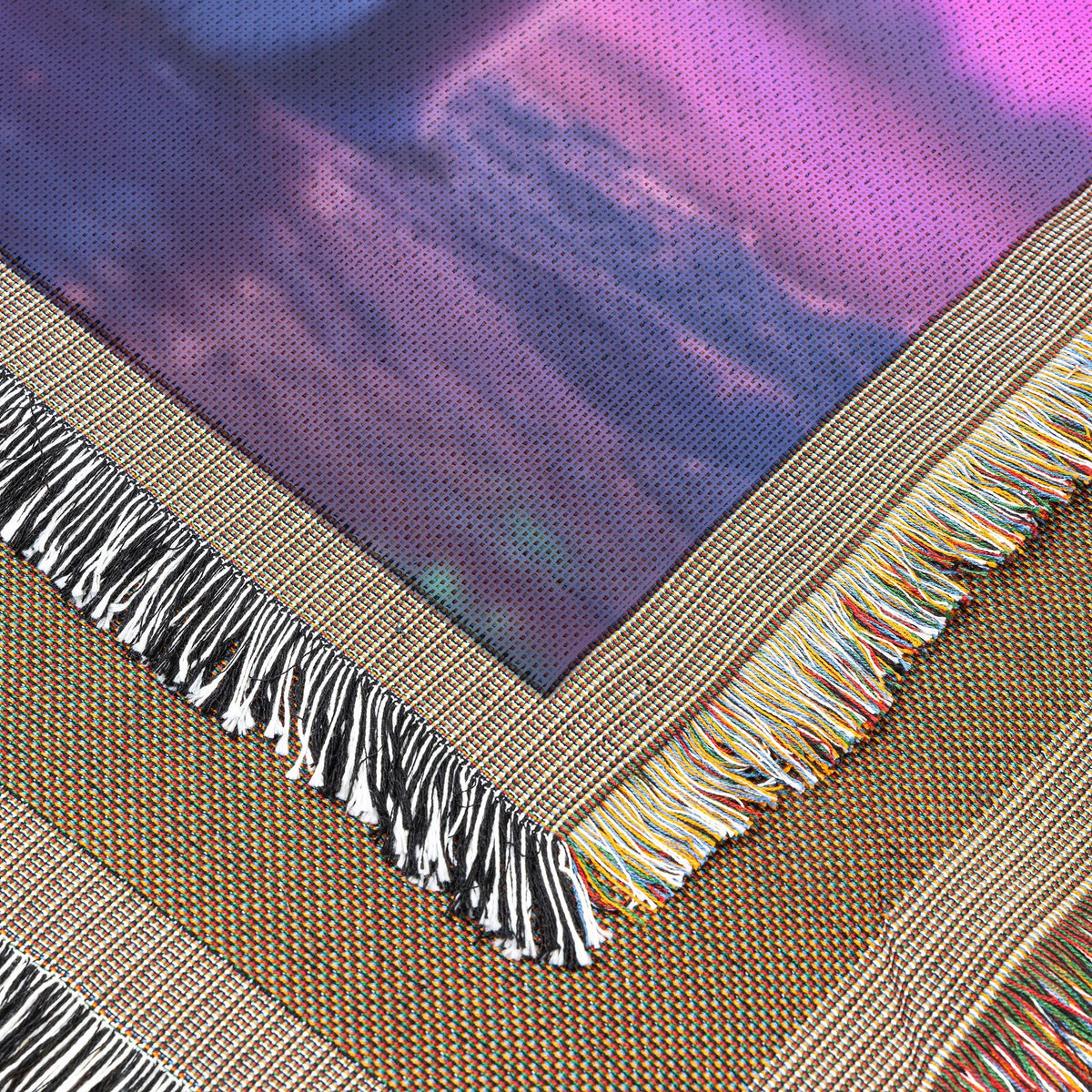 Two Penguins Huddling Together Under Glowing Aurora Sky with Intricate Snow Details and Vibrant Colors Woven Throw Blanket - Awakening Righteousness
