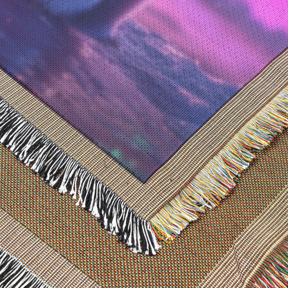 Two Penguins Huddling Together Under Glowing Aurora Sky with Intricate Snow Details and Vibrant Colors Woven Throw Blanket - Awakening Righteousness