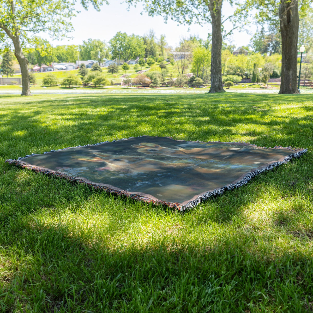 Two Rabbits Sitting by Glowing Crystal Clear Pond Woven Throw Blanket with Green Grass and Wildflowers Under Twilight Sky - Awakening Righteousness
