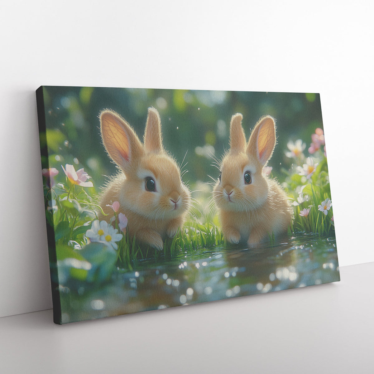 Two Rabbits Sitting Near Glowing Crystal Clear Pond with Green Grass and Wildflowers Under Twilight Sky Canvas Wall Art - Awakening Righteousness