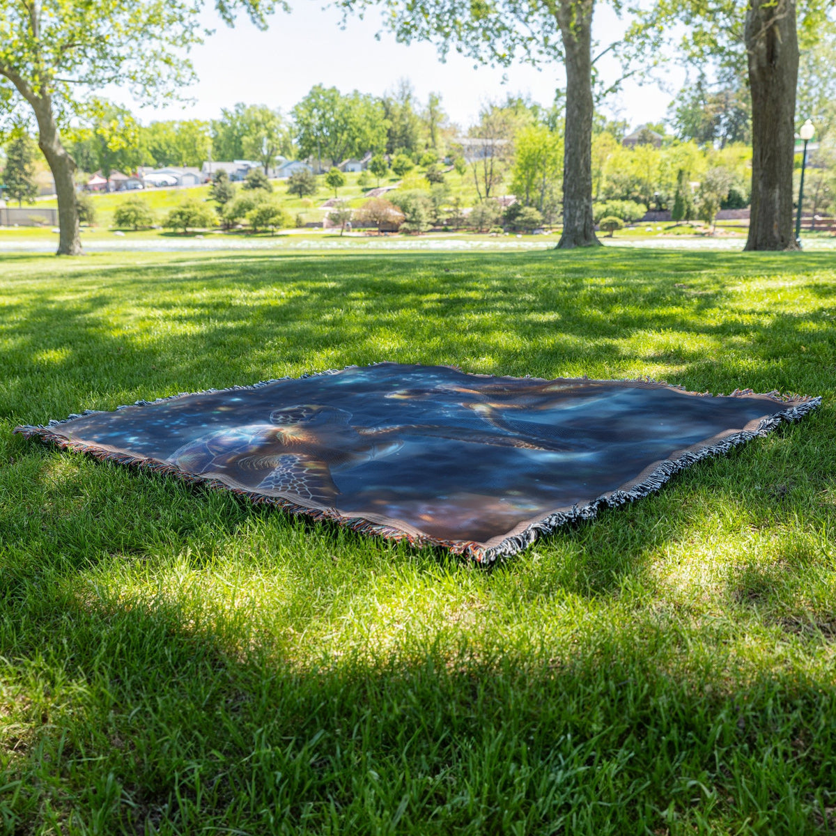 Two Sea Turtles Swimming in Bioluminescent Ocean Woven Throw Blanket with Ethereal Blue and Green Lights - Awakening Righteousness