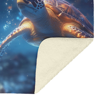 Two Sea Turtles Swimming in Glowing Bioluminescent Ocean with Ethereal Blue and Green Lights Fleece Sherpa Blanket - Awakening Righteousness