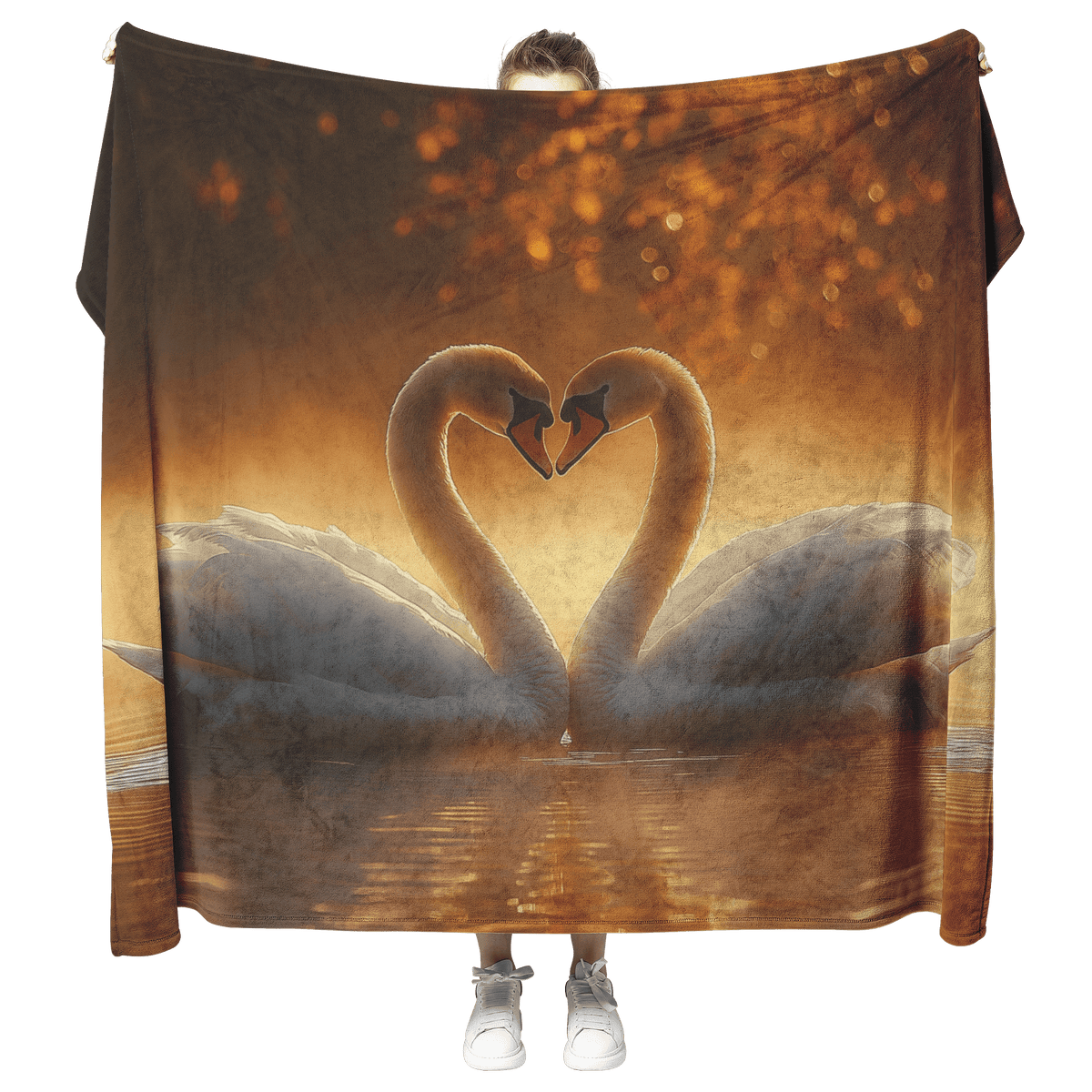 Two Swans Forming Heart Shape on Glowing Pond Surrounded by Mist and Golden Sunlight Filtering Through Trees Fleece Sherpa Blanket - Awakening Righteousness