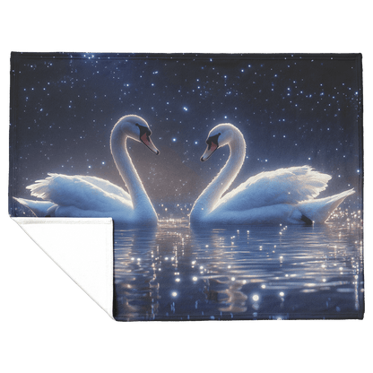 Two Swans Swimming in Bioluminescent Lake Under Twilight Sky Filled With Stars and Glowing Ripples Fleece Sherpa Blanket - Awakening Righteousness