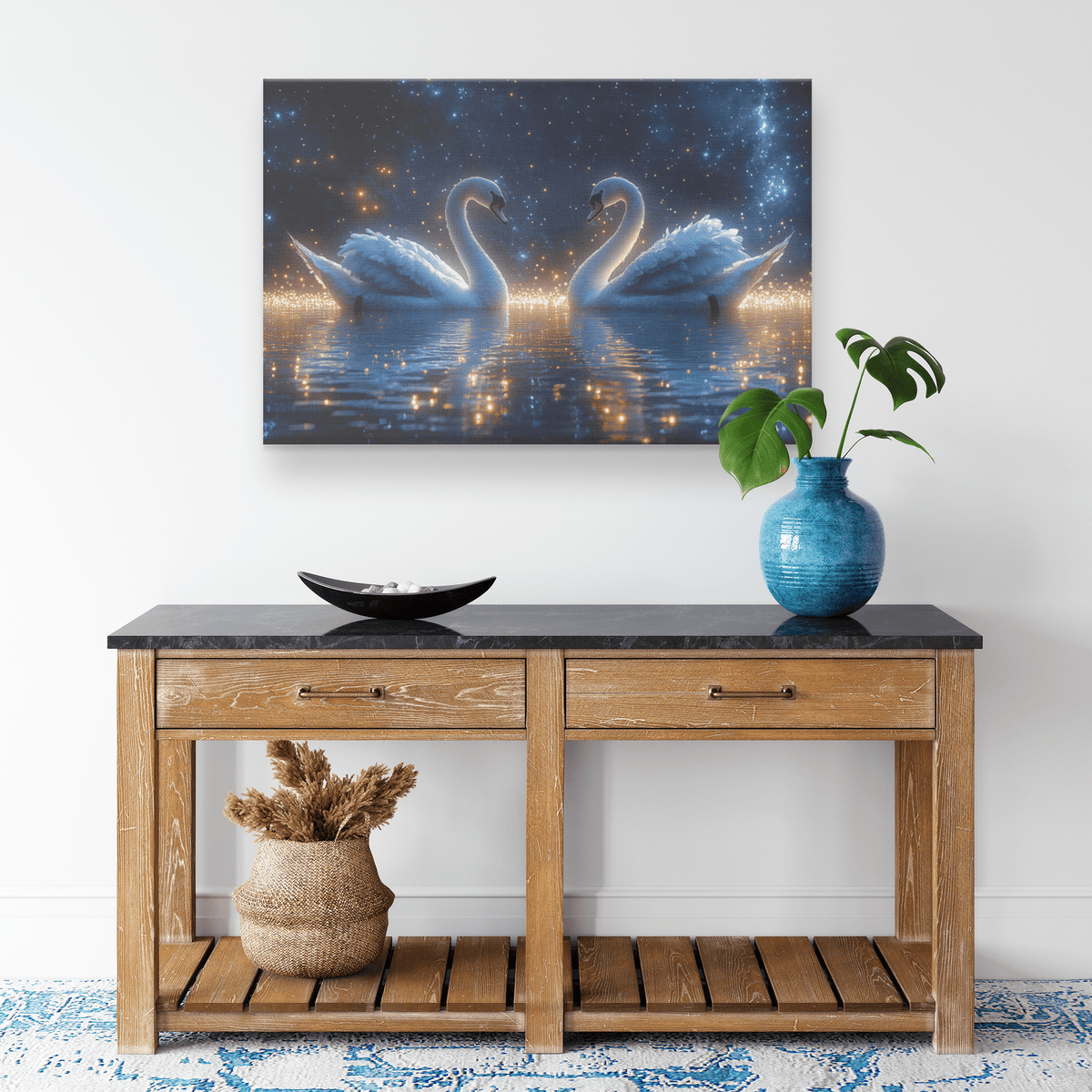 Two Swans Swimming In Bioluminescent Lake Under Twilight Sky With Stars And Glowing Ripples Canvas Wall Art Decor - Awakening Righteousness
