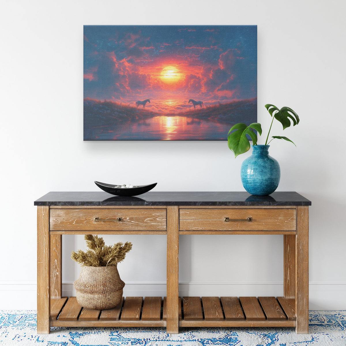 Two Unicorns Under Vibrant Glowing Sunset Surrounded by Shimmering Clouds and Starlight Canvas Wall Art Decor - Awakening Righteousness