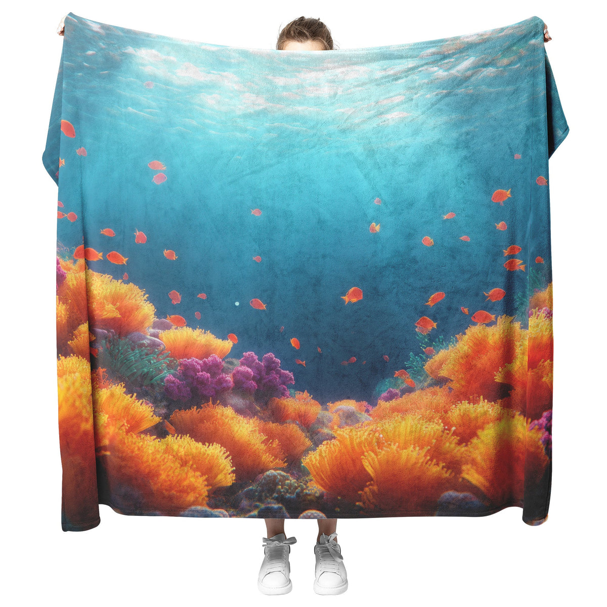 Underwater Paradise Soft And Cozy Fleece Sherpa Blanket Featuring Vibrant Coral Reefs and Tropical Fish in Sunlit Ocean Depths - Awakening Righteousness