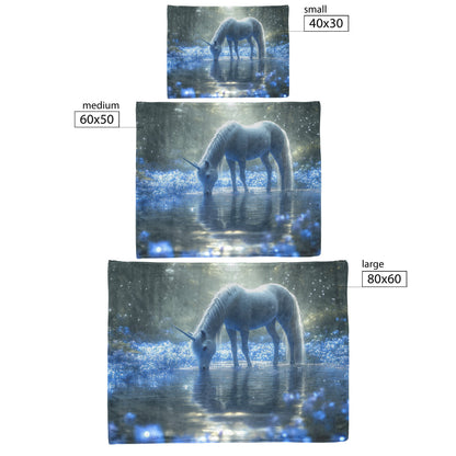 Unicorn Drinking from Glowing Pond with Crystal Flowers in Twilight Forest Fleece Sherpa Blanket - Awakening Righteousness