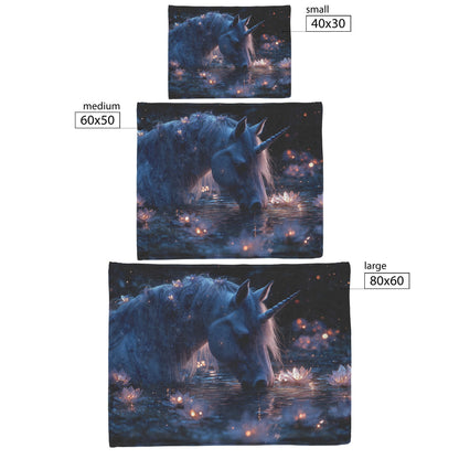 Unicorn Drinking from Glowing Pond with Crystal Flowers in Twilight Forest Fleece Sherpa Blanket - Awakening Righteousness
